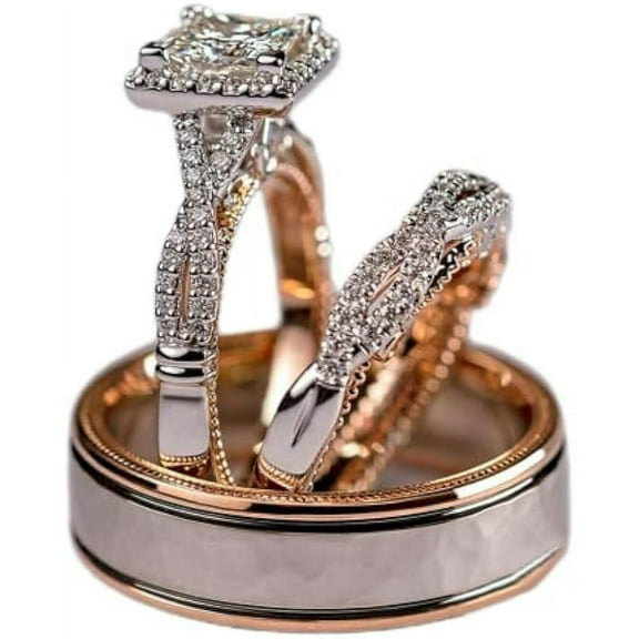 Firefly Hope Rose Gold Couple Engagement Rings – 3-Piece Matching Set with Sparkling Simulated Diamonds
