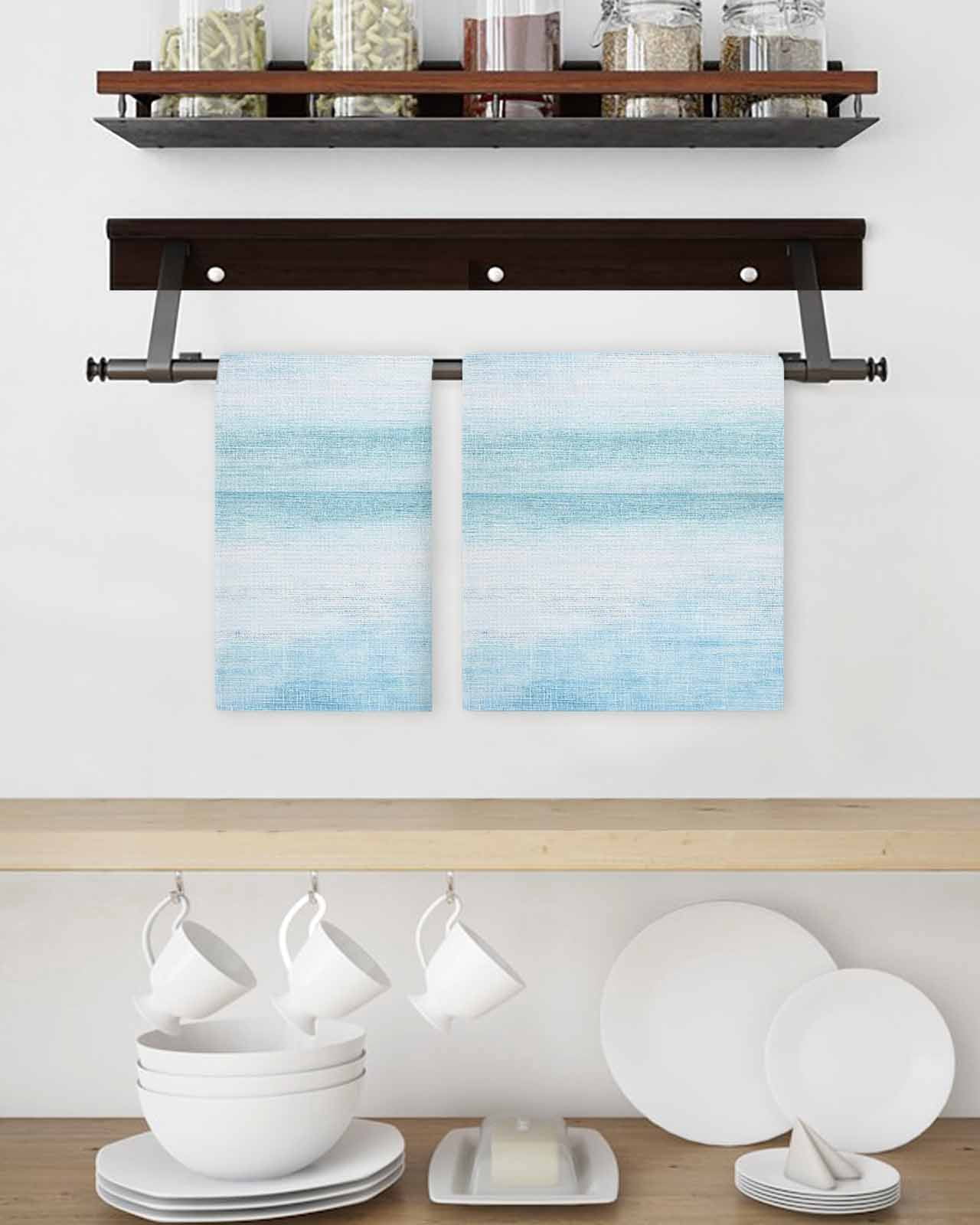 Gradient Aqua Blue Kitchen Dish Towels for Drying Dishes Set of 4, Modern Rustic Minimalist Pastel Solid Waffle Weave Microfiber Terry Hand Tea Bathroom Towels Quick Dry & Absorbent Towel 15.7x23.6
