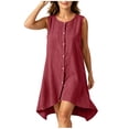 thumbnail image 6 of Josdec Women's Casual Round Neck Sleeveless Mini Dresses Button Front Irregular Hem Cotton Solid Color for Summer Daily Wear S-XXL, 6 of 8