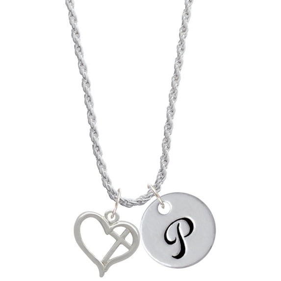 Delight Jewelry Silvertone Heart Outline with diagonal Cross Silvertone Script Initial Disc - P - Charm Necklace, 20"+3"