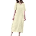 thumbnail image 2 of Robes d'Été Décontractées pour Femmes Col en V Manches Courtes Robe en Coton et Lin Couleur Unie Ample Légère Robes Midi, 2 of 7
