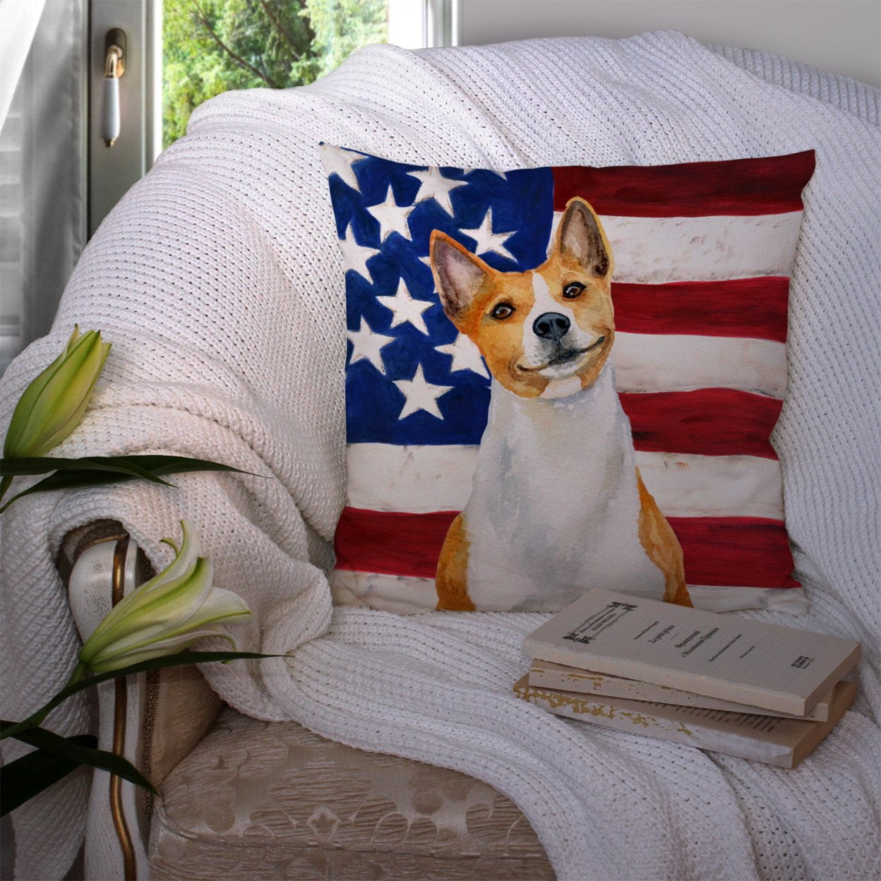 Carolines Treasures BB9692PW1414 Basenji Patriotic Fabric Decorative Pillow 14Hx14W multicolor