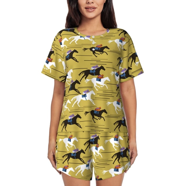Balery Horsemen In Horseraces Conjunto de Pijama para Mujer con Estampado, Dos Piezas de Manga Corta y Shorts, Ropa de Dormir Suave con Cuello Redondo y Bolsillos-X-Large