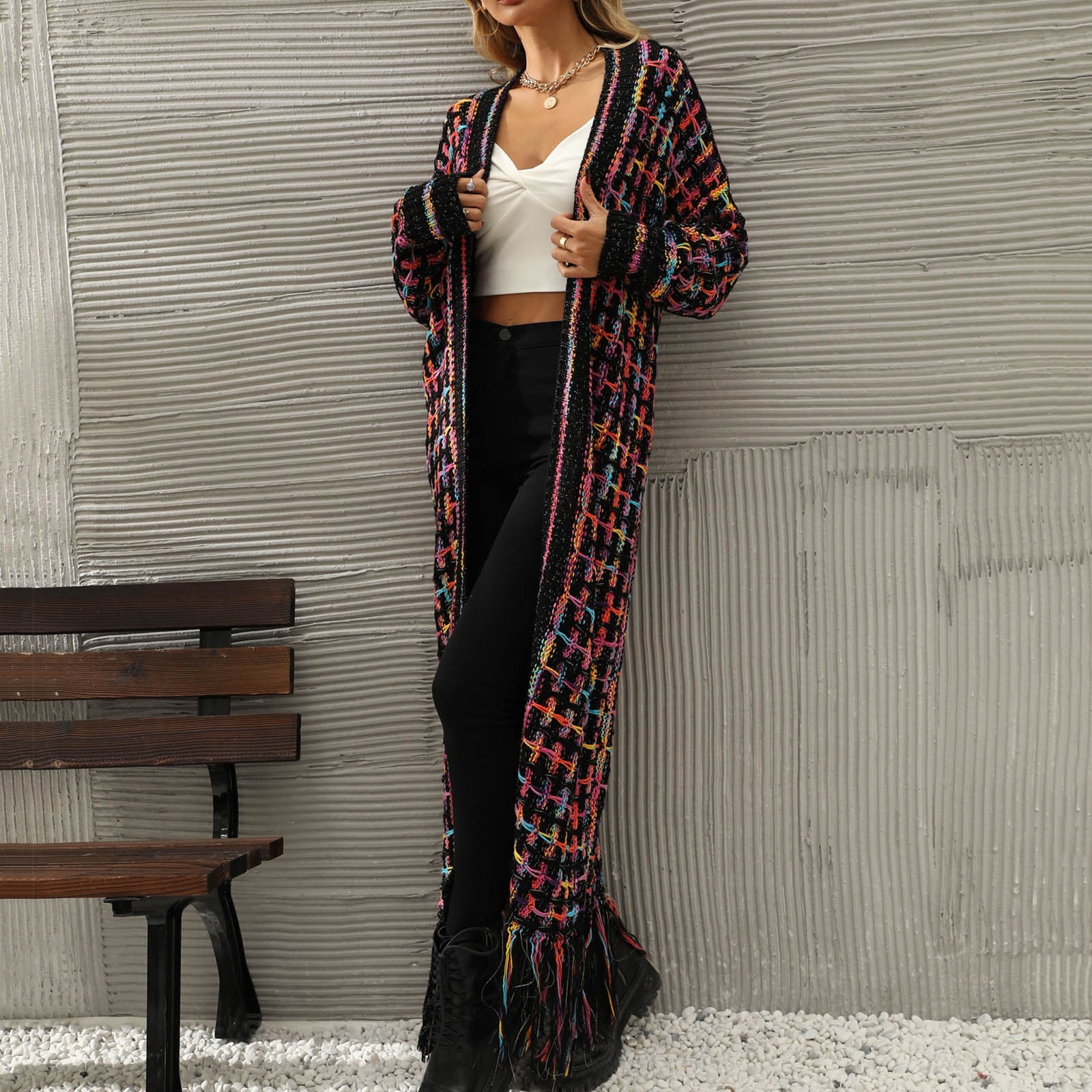 Cardigans Sweaters for Women Long Sleeve Open Front Tassels Oversized Knitted Coats Knee Length Checkered Color Block Soft Outerwear Sweater