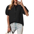 thumbnail image 4 of Womens Puff Sleeve Button Down Shirts Cotton Pleated Loose Fit Tops Summer Dressy Casual Blouses, 4 of 8