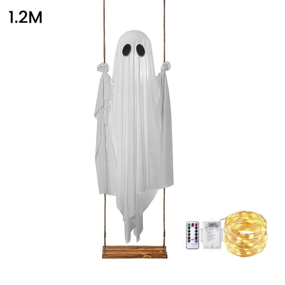 Large Hanging Ghost Swing Decoration, White Ghost with String Lights, Spooky Outdoor Halloween Decor for Porch, Yard, Tree, Door & Party