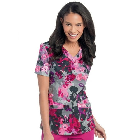 Landau Women's Rounded V-Neck Floral Print Scrub Top