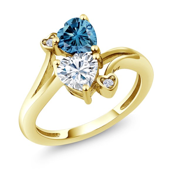 Gem Stone King 10K Yellow Gold Persian Blue Moissanite and White Moissanite Engagement Ring for Women (1.63 Cttw, Gemstone Birthstone, Heart Shape 6MM, Size 7)