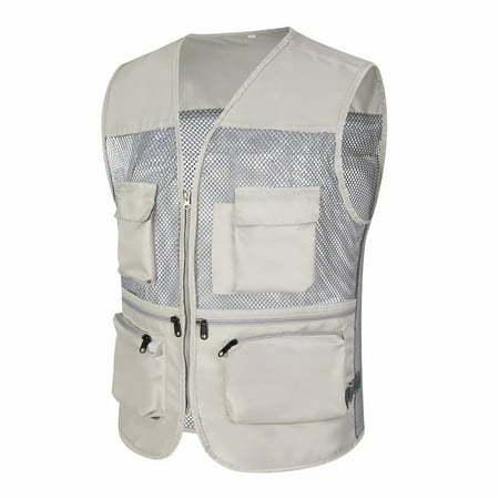 ALSLIAO Mens Outdoor Fishing Sleeveless Mesh Waistcoat Multi Pockets Photography Vest Light Gray L