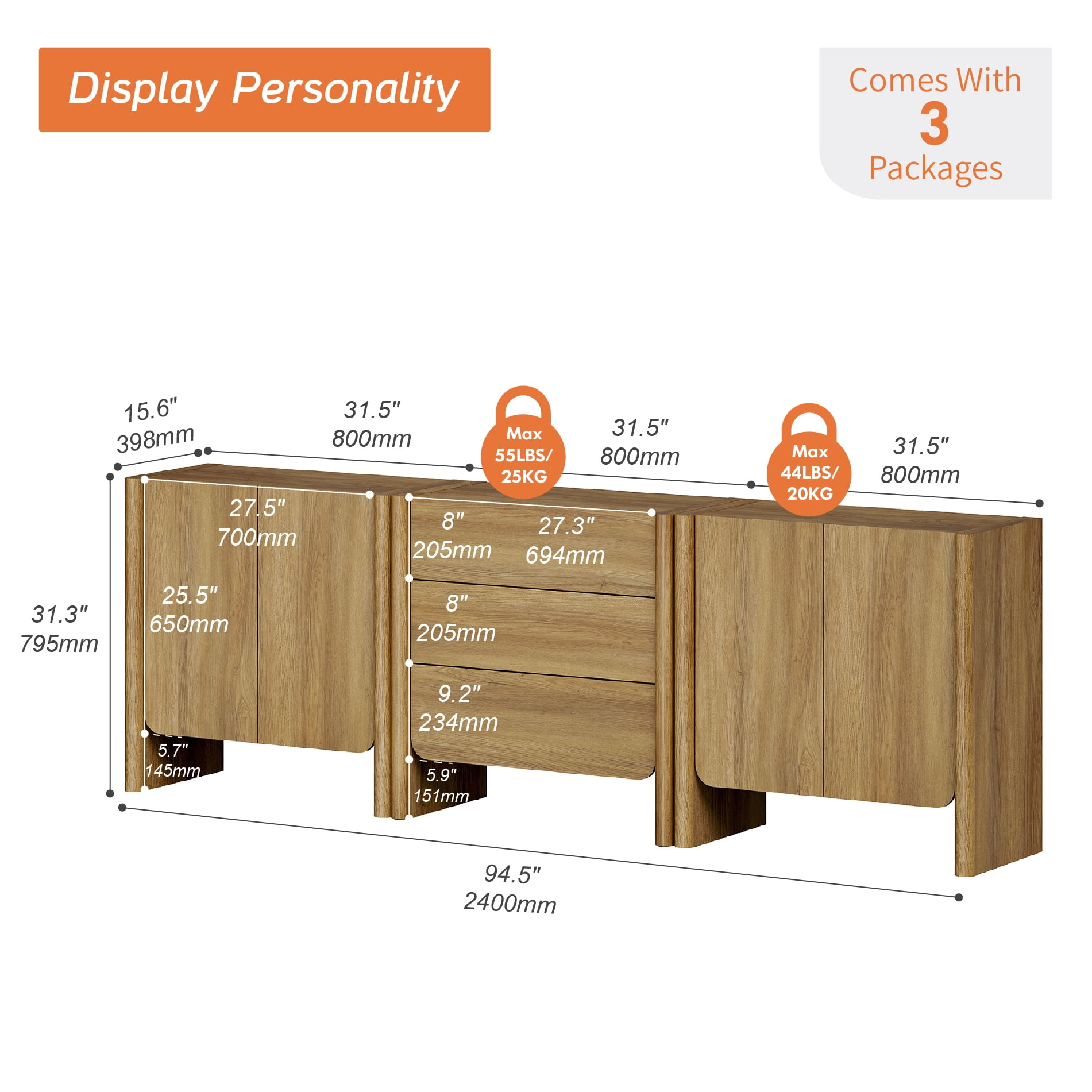 Modern French TV Stand, 94.5-Inch 3-Piece Media Console with 4 Doors and 3 Drawers, Supports TVs up to 105 Inches, Walnut