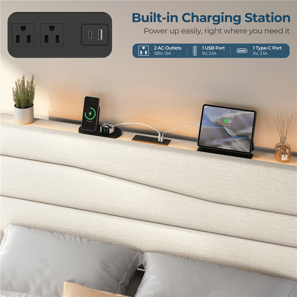 Renwick King Upholstered Bed Frame with Charging Station, Beige
