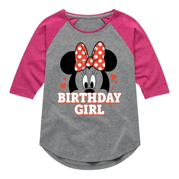 Mickey & Friends - Minnie Face Birthday Girl - Toddler And Youth Girls Raglan Graphic T-Shirt