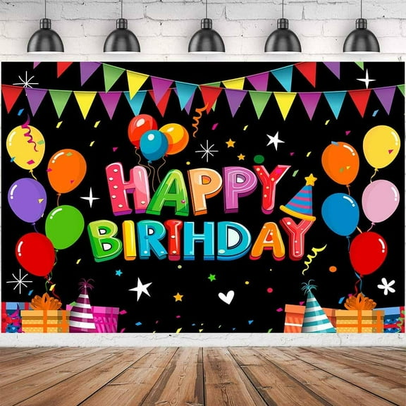 Black Happy Birthday Groovy Photo Backdrop Banner Sign Photography Background for Girls Boys, Black Colorful Balloons for Kid Gifts Backdrops Photo Booth Prop Decorations Wall Decor