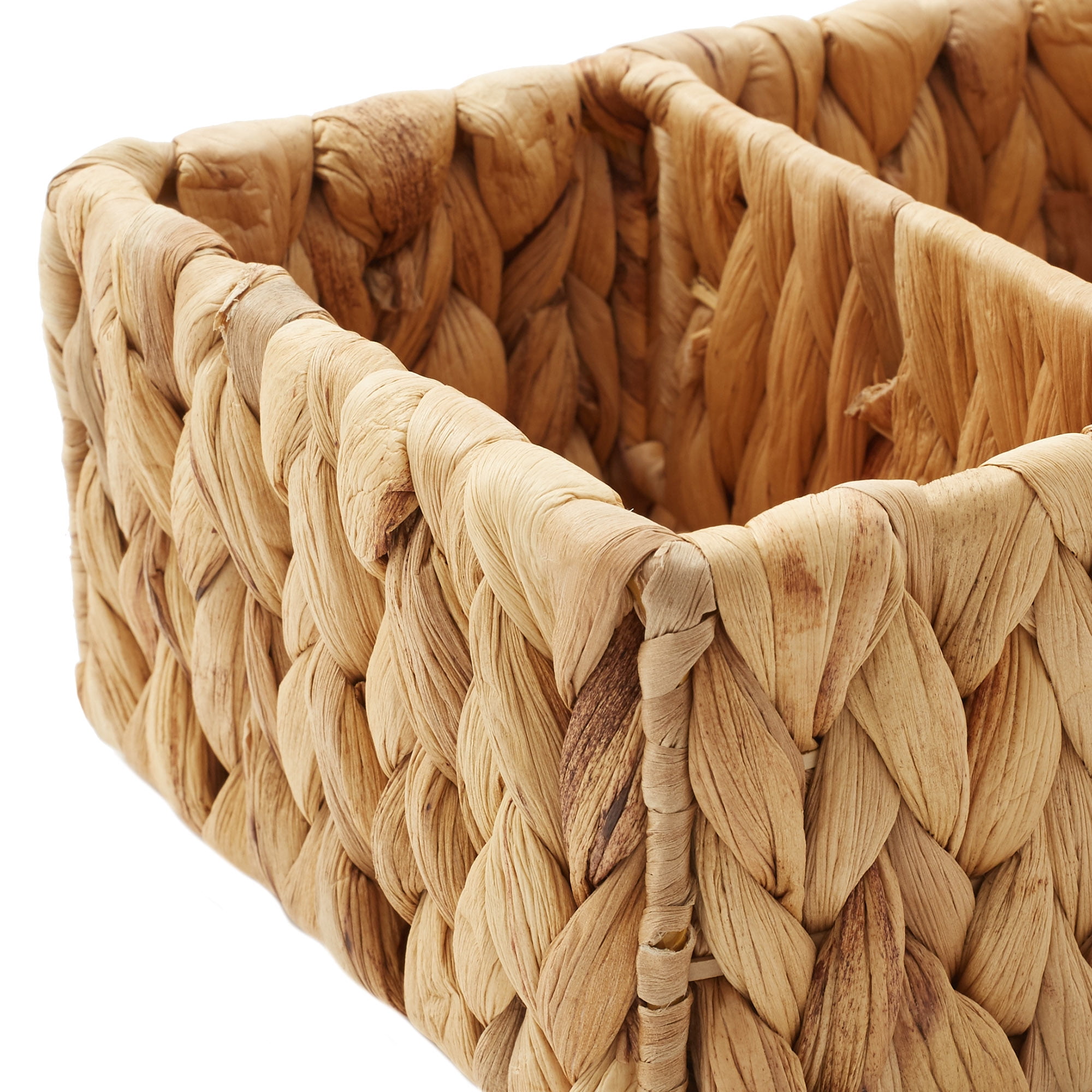 Casafield Set of 2 Water Hyacinth Storage Baskets with 4 Sections, Natural - Woven Bin Organizers for Bathroom, Laundry, Pantry, Office, Shelves