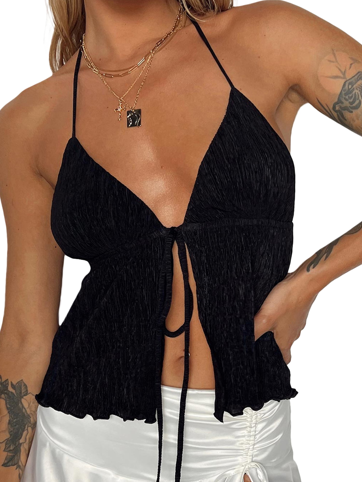 allshope Women Summer Plus Size Tops Solid Color Halter Neck Front Slit Backless Sleeveless Cami Tops - Walmart.com