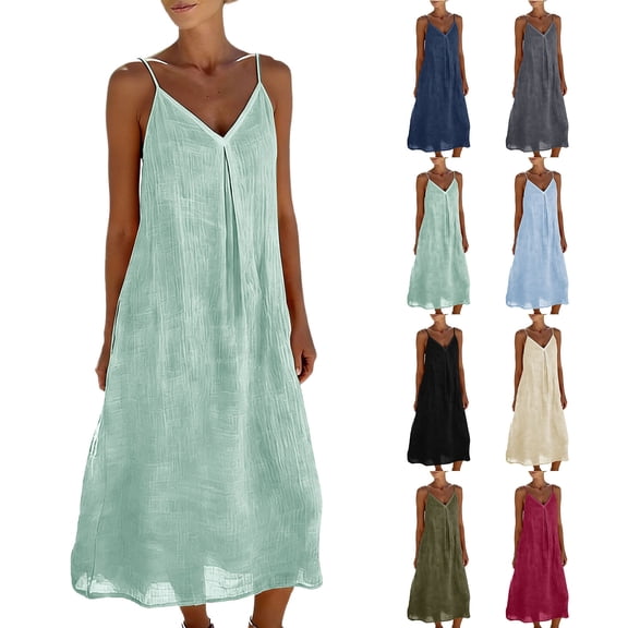 Tqcoqu Womens Backless Cami Dress Spaghetti Strap Sleeveless Flowy Linen Maxi Dress Summer Beach Vacation Sundress,Army Green,Women's S-XXL