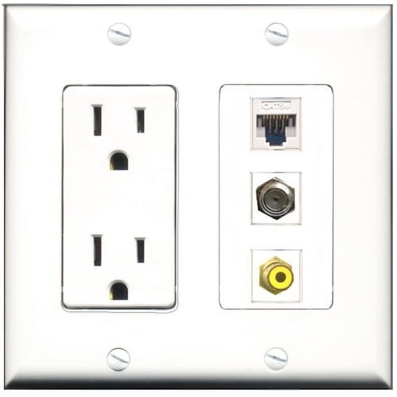 RiteAV - 15 Amp Power Outlet 1 Port RCA Yellow 1 Port Coax 1 Port Cat5e Ethernet White Decorative Wall Plate