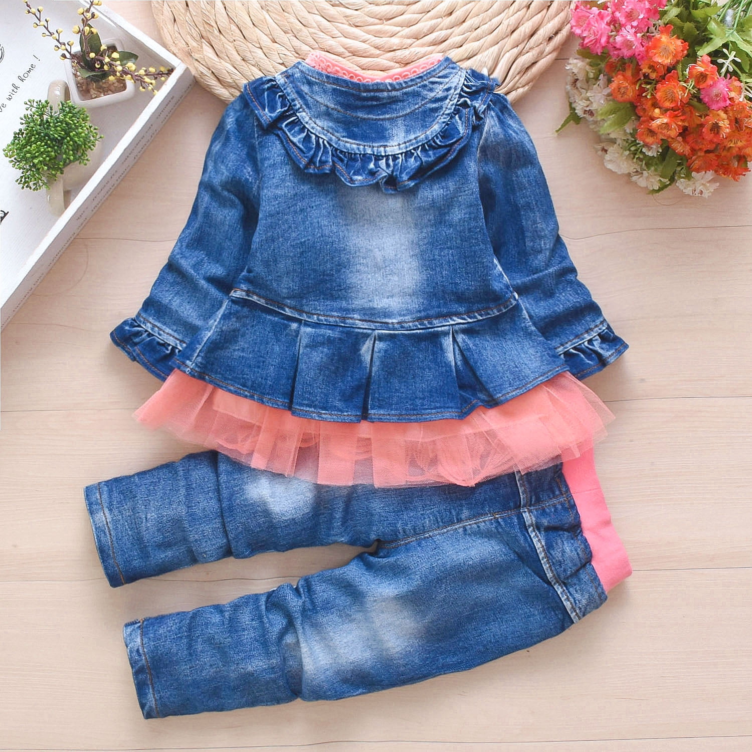 Peacolate 6M-4Years Spring Autumn Baby Girls Sets Denim 3 Pcs Clothes Long Sleeve T-Shirt Denim Jacket and Jeans,Pink,3-4years