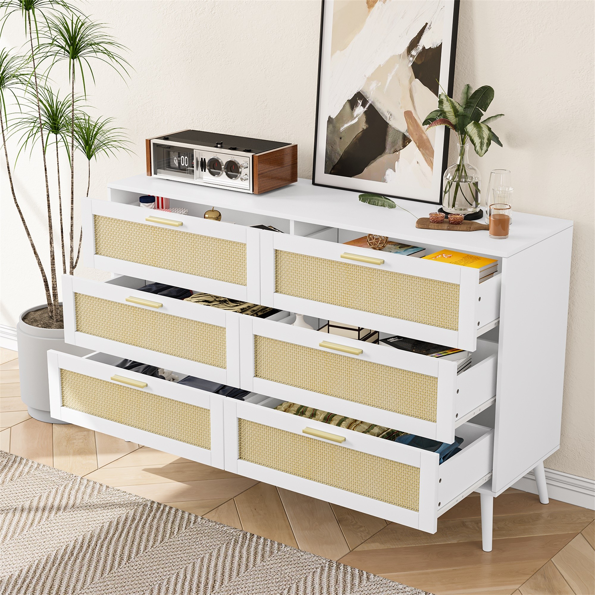 Finihen Rattan 6 Drawers Chest of Dressers, Modern 6 Drawer Dresser, Wide Chest of Drawers with wood Handles, Rattan Dresser Storage Cabinet, for Living Room, Bedroom, Hallway, White Finihen Rattan 6 Drawers Chest of Dressers, Modern 6 Drawer Dresser, Wide Chest of Drawers with wood Handles, Rattan Dresser Storage Cabinet, for Living Room, Bedroom, Hallway, White