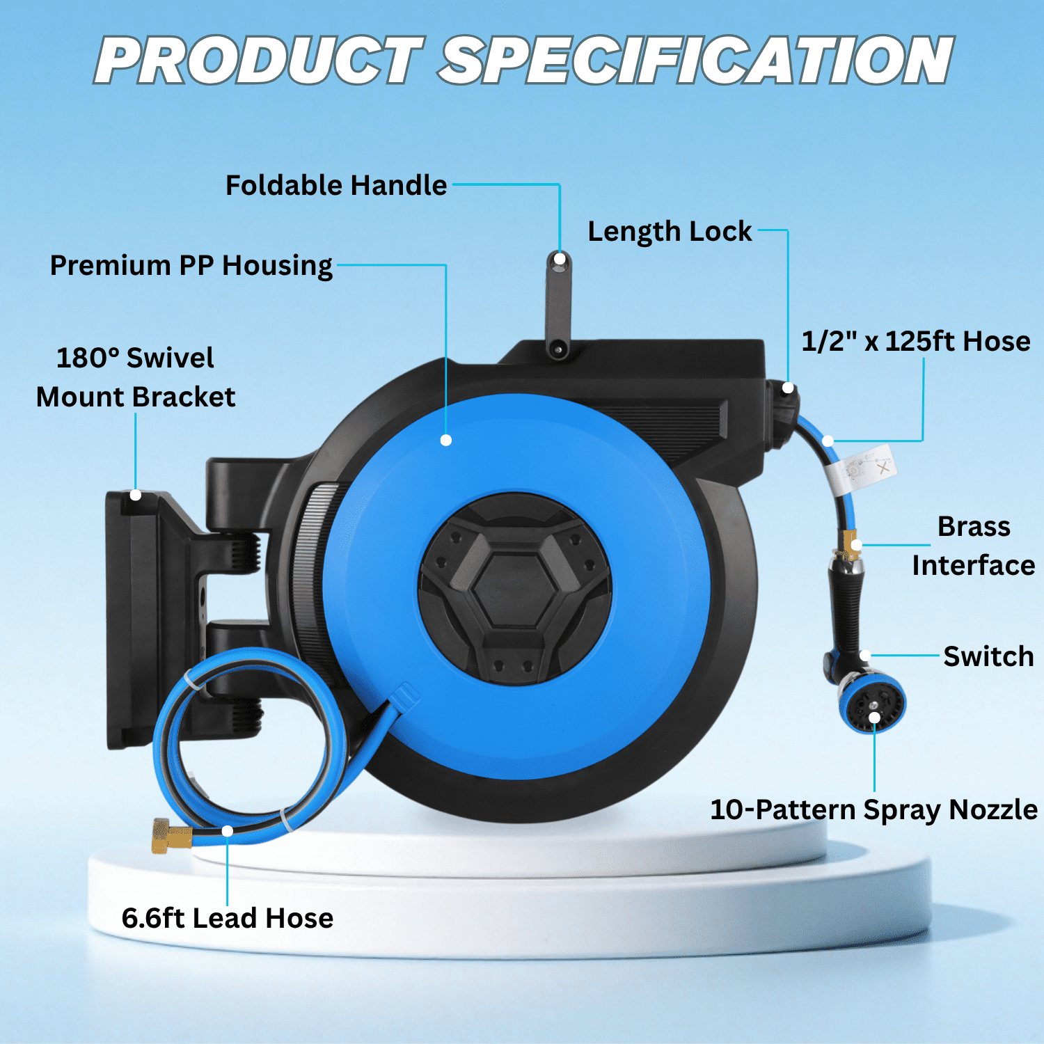 Legooin 130ft x 1/2 in Retractable Garden Hose Reel Wall Mount Hose Reel with 10-Function Nozzle, Auto Rewind, Length Lock, 180° Swivel, for Lawn Care Yard Cleaning