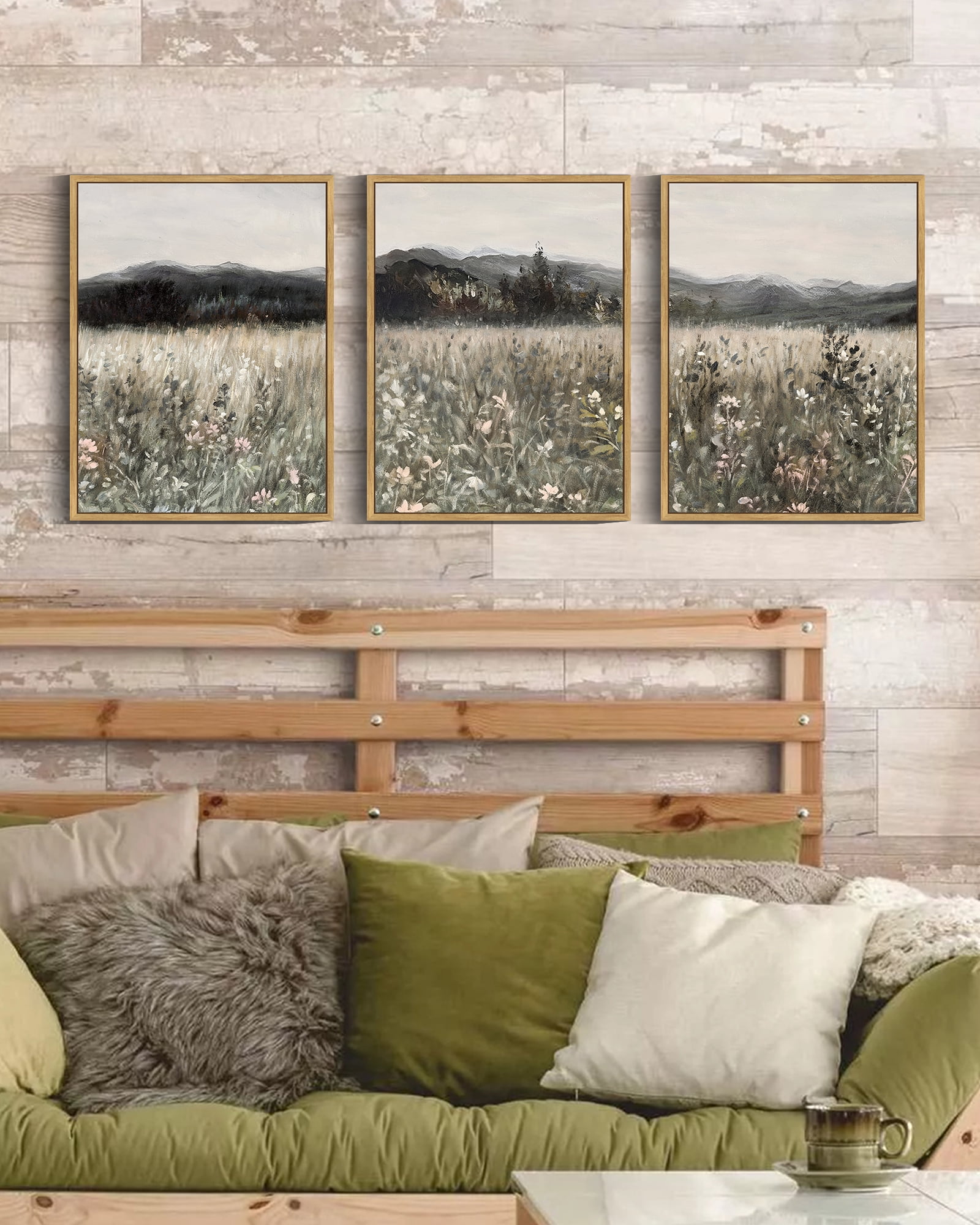 Vintage 11x14in3pcs Natural Framed Landscape Wall Art Prairie in Full Bloom Wall Prints Classic Retro Farmhouse Decorations for Living Room Bedroom