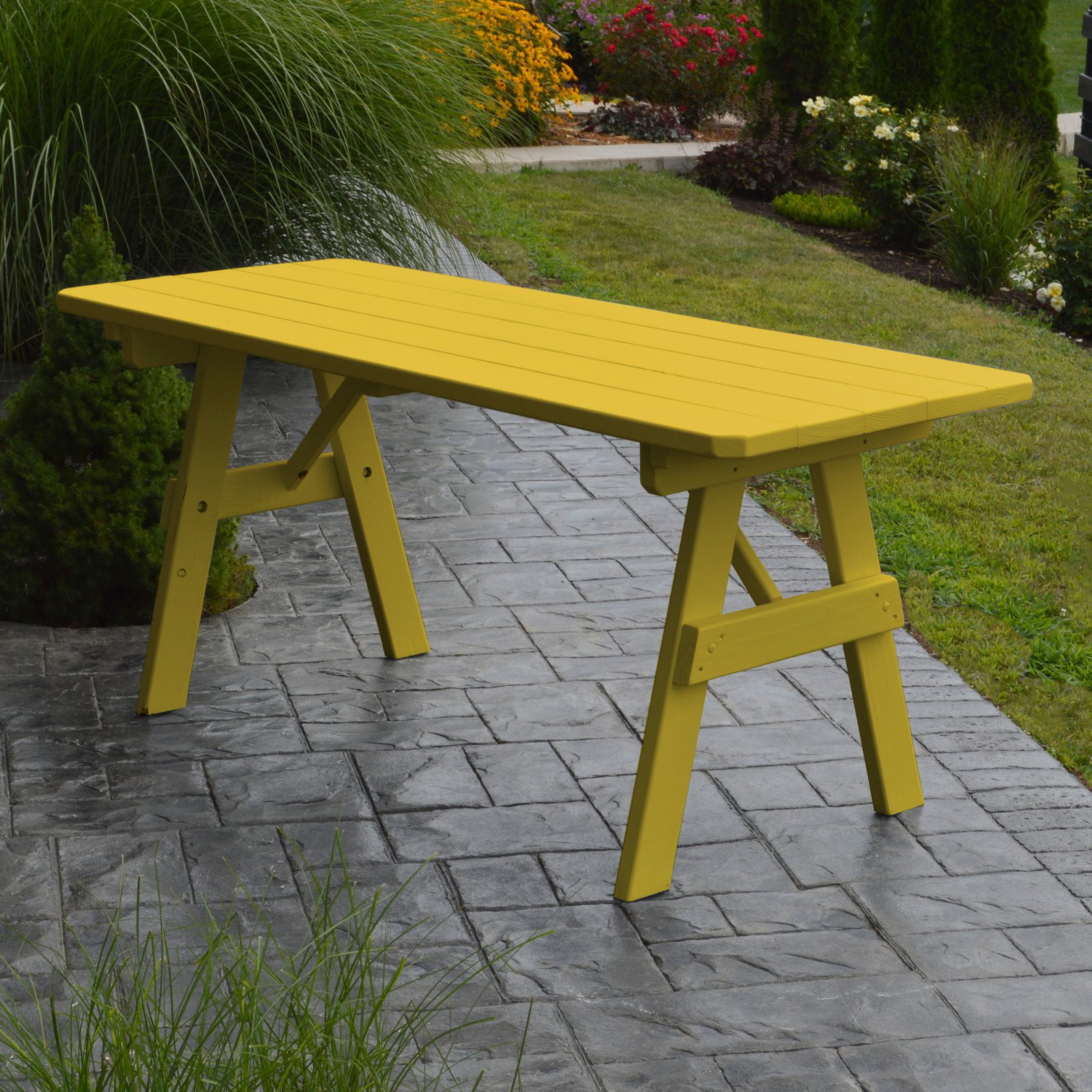 6 Black A & L Furniture Yellow Pine Traditional Picnic Table with 2 Umbrella Hole 