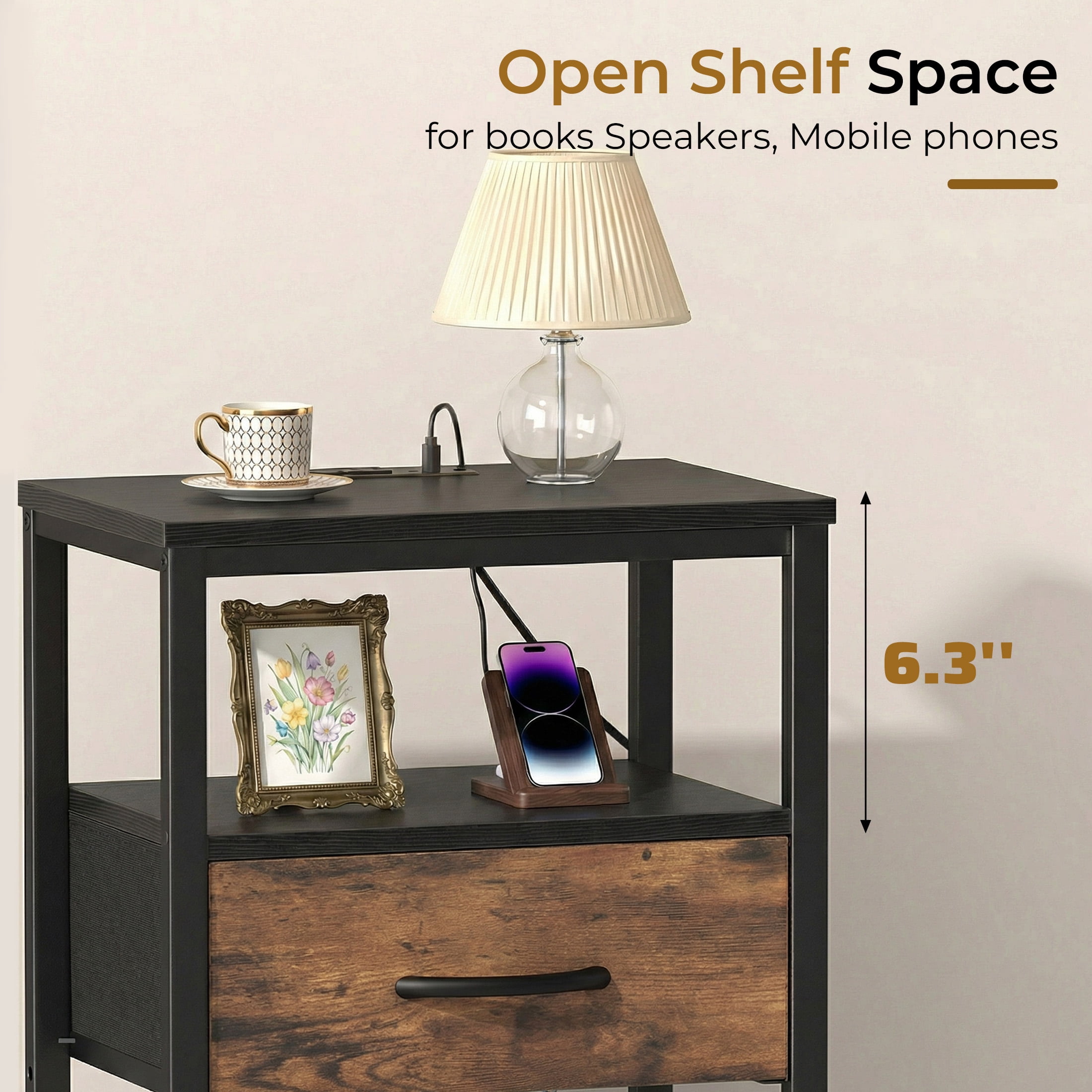 EDX Wall-Mounted Bedside Table, Built-in Outlet with USB/Type-C Ports and Adjustable Drawer, 3-Tier Storage Shelf with Fabric Drawer for Bedroom Space Saving, Black+Genuine antique wood color