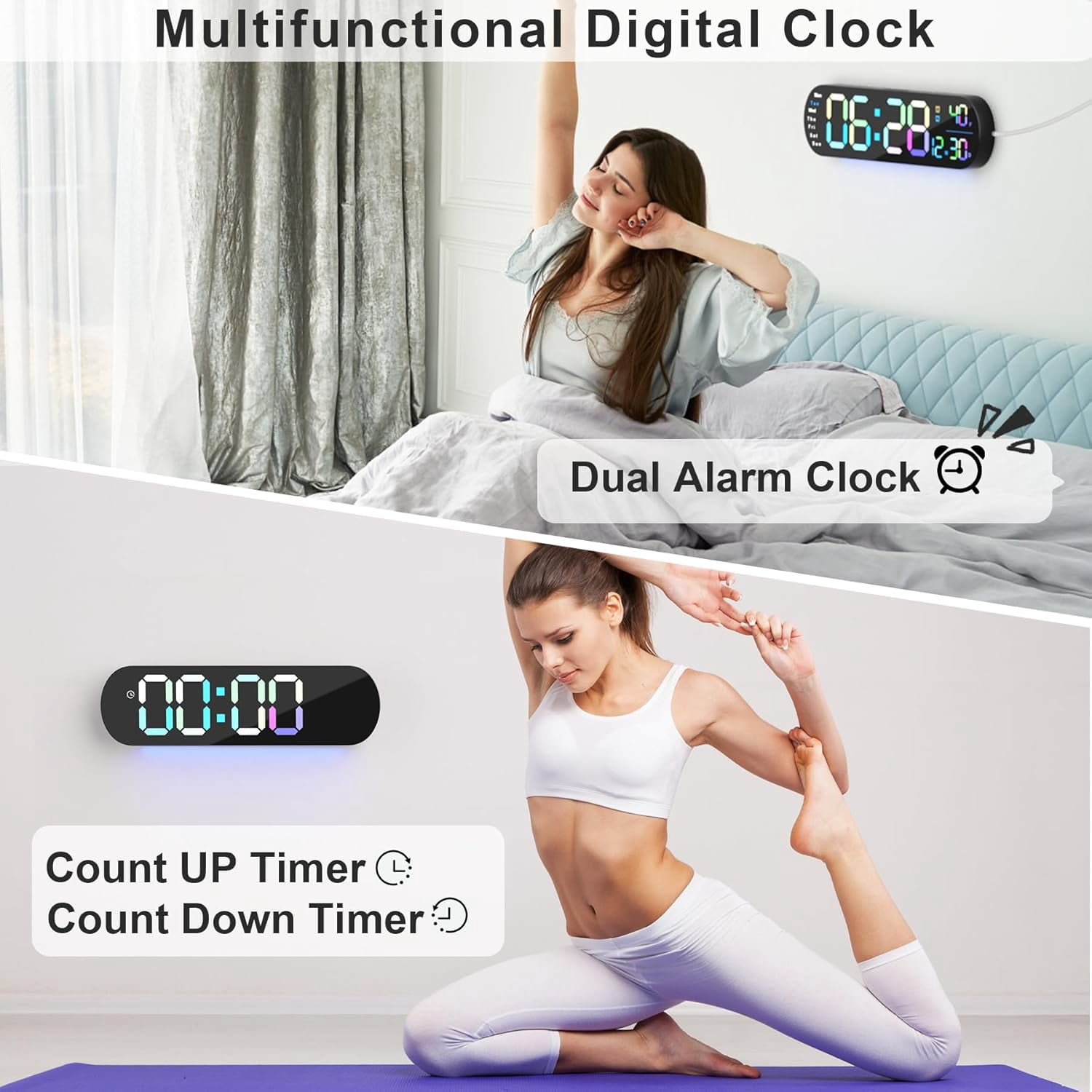 Hansang Digital Wall Clock with Auto Brightness, Displays Room Temperature and Date, Large Digital Clock Equipped with Dual Alarm Clock and 13.7-Inch Wide Display, Color Fonts
