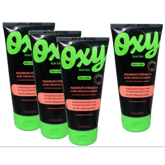 Oxy Acne Medication Face Wash Maximum Action with Maximum Strength 10% Benzoyl Peroxide, 5 FL OZ (Pack of 4)
