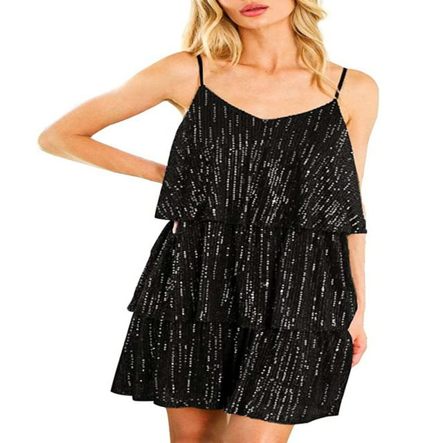 PENGXIANG Femmes Couches Volants Gâteau Robe Paillettes Spaghetti Sangle Mini Robe Backless Parti Danse Robe Cami