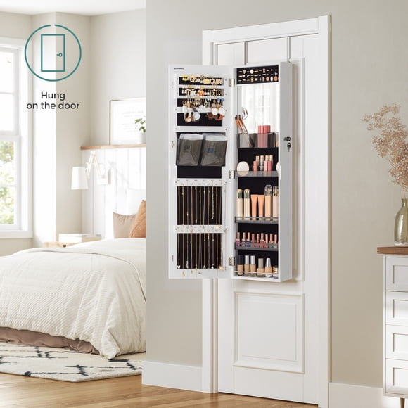 SONGMICS Armoire à Bijoux avec Miroir Intégré, Organisateur de Rangement Mural Ou de Porte, Blanc