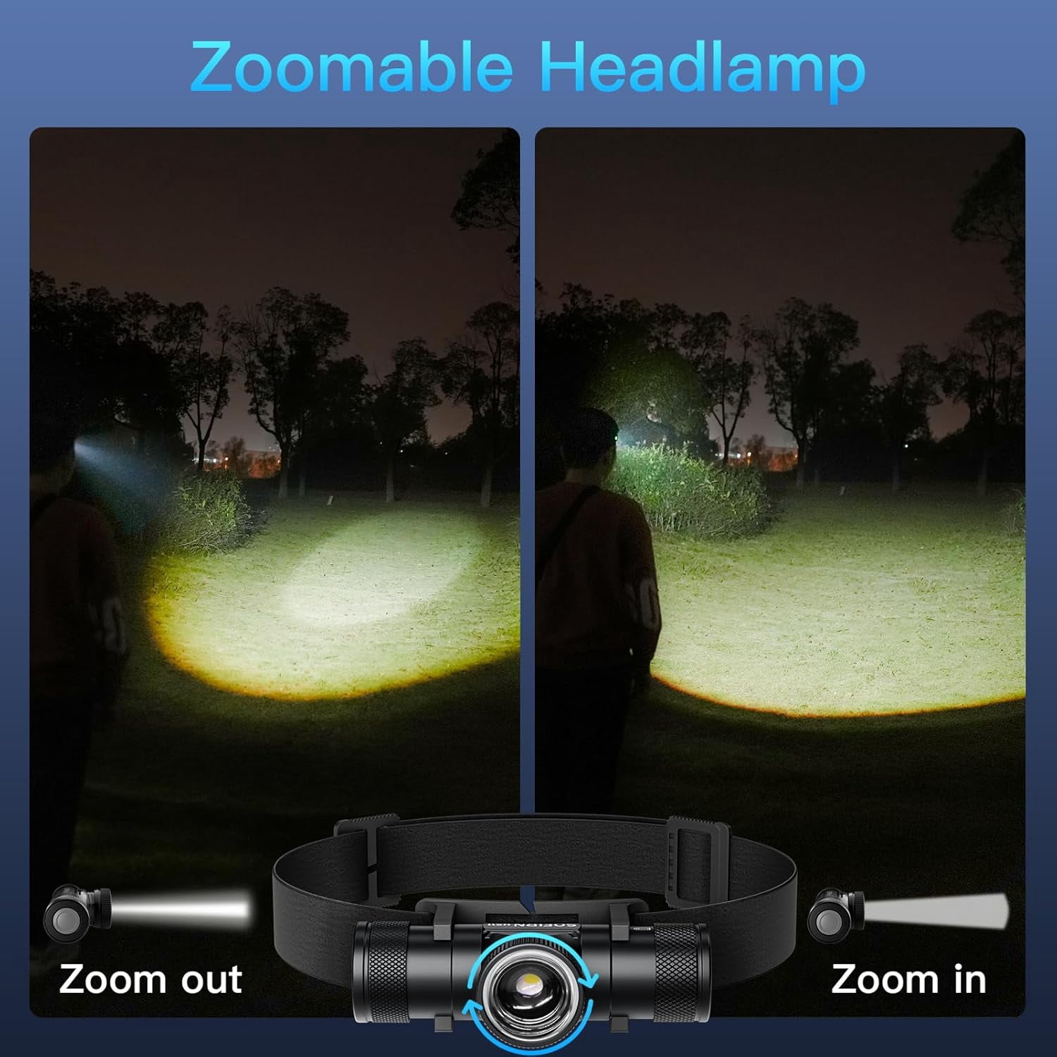 LED Headlamp Rechargeable - Zoomable Headlamps for Adults Rechargeable, HS11 Head Lamp Battery Powered 630 Lumens, Headlight with Floodlight Spotlight, Headlamp for Camping Cycling Running