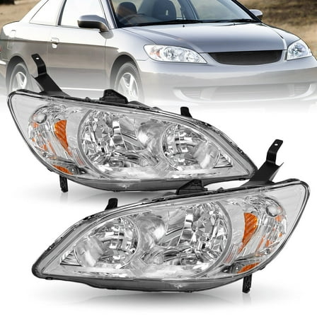For 2004-2005 Honda Civic 2/4 Dr Chrome Headlights Amber Corner Lamps Pair
