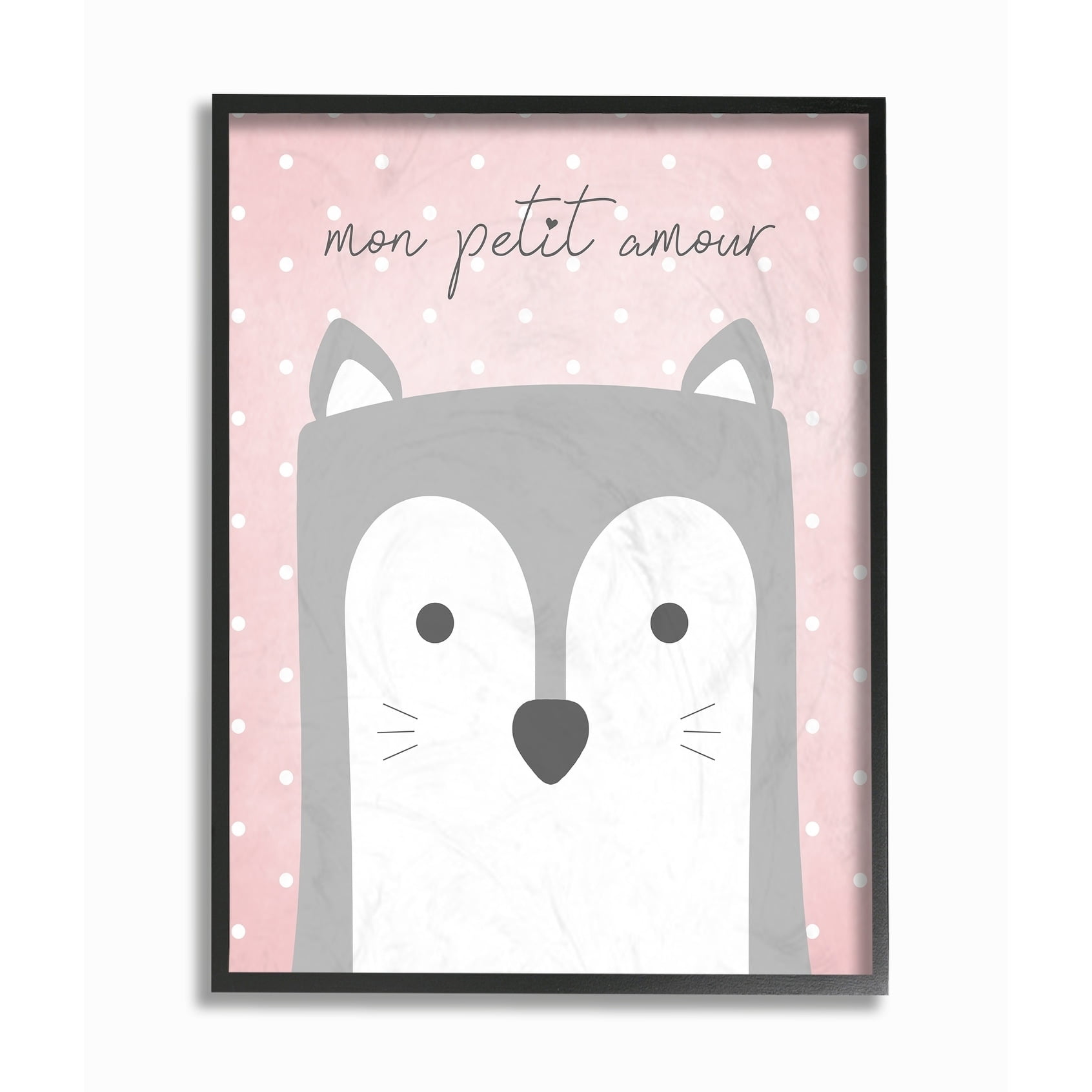 The Kids Room By Stupell Mon Petit Amour Grey Fox with Pink Polka dots Framed Art, 11 x 14, Design By Artist Jessica Mundo 16 x 20