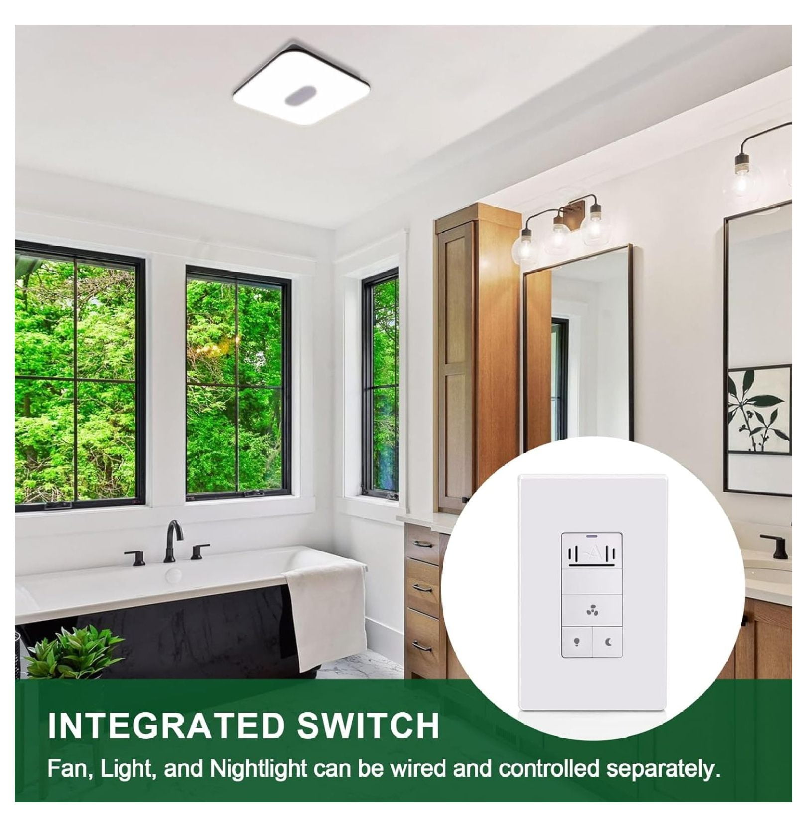 Humidity Sensor for Bathroom Exhaust Fan with Light, LED Light, Night Light, Ventilation Fan, Air Moisture Control, Timer for Bathroom Fan, UL Listed, White