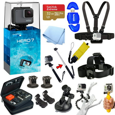 GoPro HERO7 HERO 7 Silver Edition All In 1 PRO ACCESSORY KIT with 32GB Micro SD, Head and Chest Strap, Monopod, Case and Much (Best Memory For Gopro Hero 5 Black)