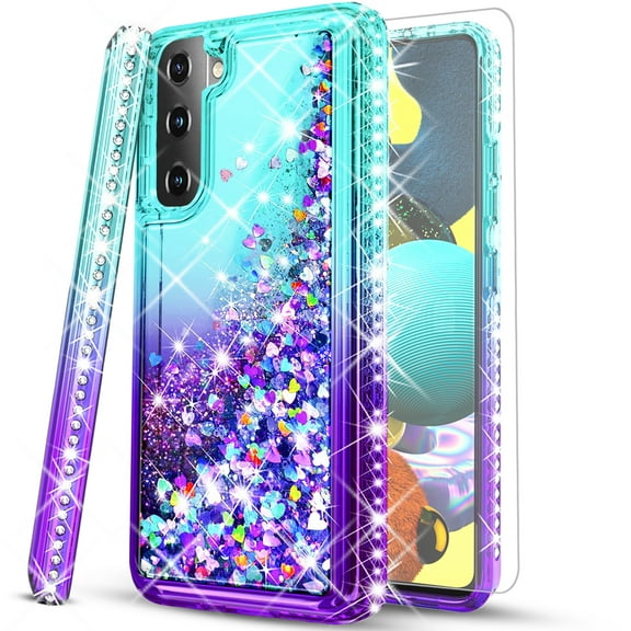 Starshop Case for Samsung Galaxy S22, Liquid Glitter Quicksand Bling Diamond -Teal/Purple