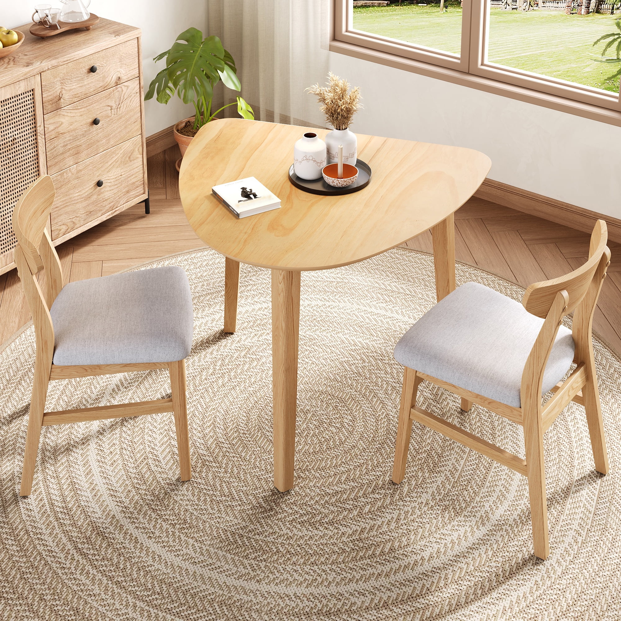 Euroco 3-Piece Dining Table Set for 2, Triangular Side Table with 2 Curved Chairs,Compact Kitchen Table Set for Kitchen Living Room,Small Space,Natural