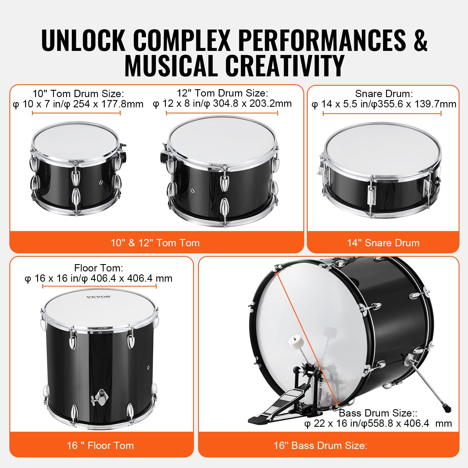 KFFKFF Adult Drum Set, 5-Piece Kit, 22" Full Size with Bass, Toms, Snare, Floor Drum, Adjustable Seat, Stands, Cymbal, Hi-Hat, Pedal & Sticks, Starter Set for Adults, Black