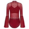thumbnail image 3 of TiaoBug Women Gymnastics Leotard Flare Sleeve Backless Rhinestone Skating Bodysuit Dancewear Burgundy M, 3 of 7