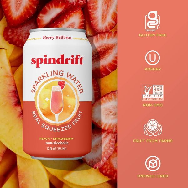 Spindrift Sparkling Water, Berry Belli-no Flavored, Made with Real Squeezed Fruit, 12 fl oz, 8 Count, No Sugar Added, 13 Calories per Can