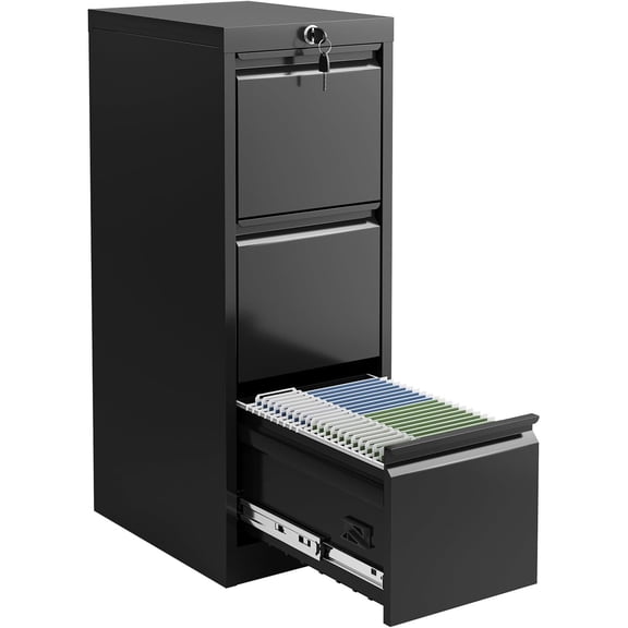 M optimized 3-Drawer File Cabinet with Lock and Tag, Metal Narrow Two-Drawer Filing Cabinet for Home Office Fit Letter, A4, Legal Size File, Black
