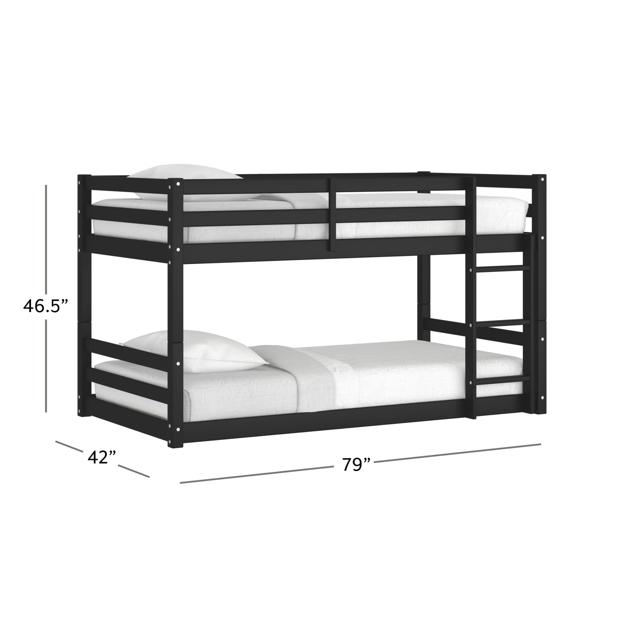 HH2 Home Essentials Campbell Wood Twin Over Twin Floor Bunk Bed, Black