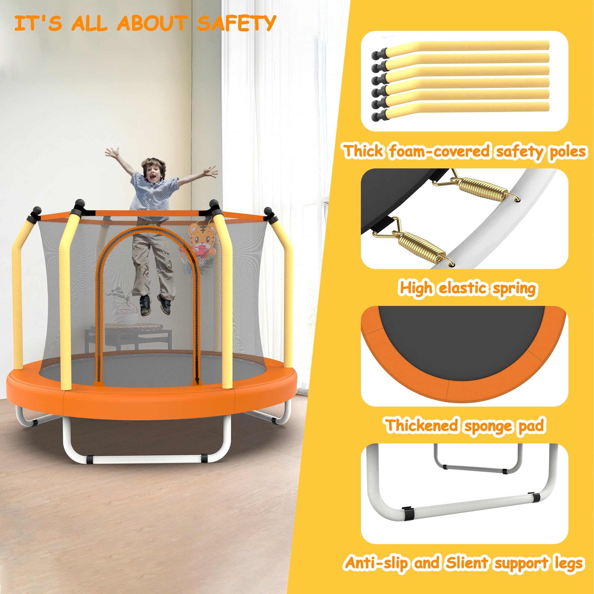 LIZEVINC 55-Inch Outdoor Toddler Trampoline with Enclosure Net, Mini Round Trampoline for Kids with Basketball, Small Trampoline Gifts for Boy and Girls,Yellow