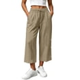 thumbnail image 2 of Karymi Pants for Women Cropped Wide Leg Pants, Drawstring Elastic High Waist Capri Trousers, Side Button Decor Straight Casual Pants with Pockets, 2 of 7