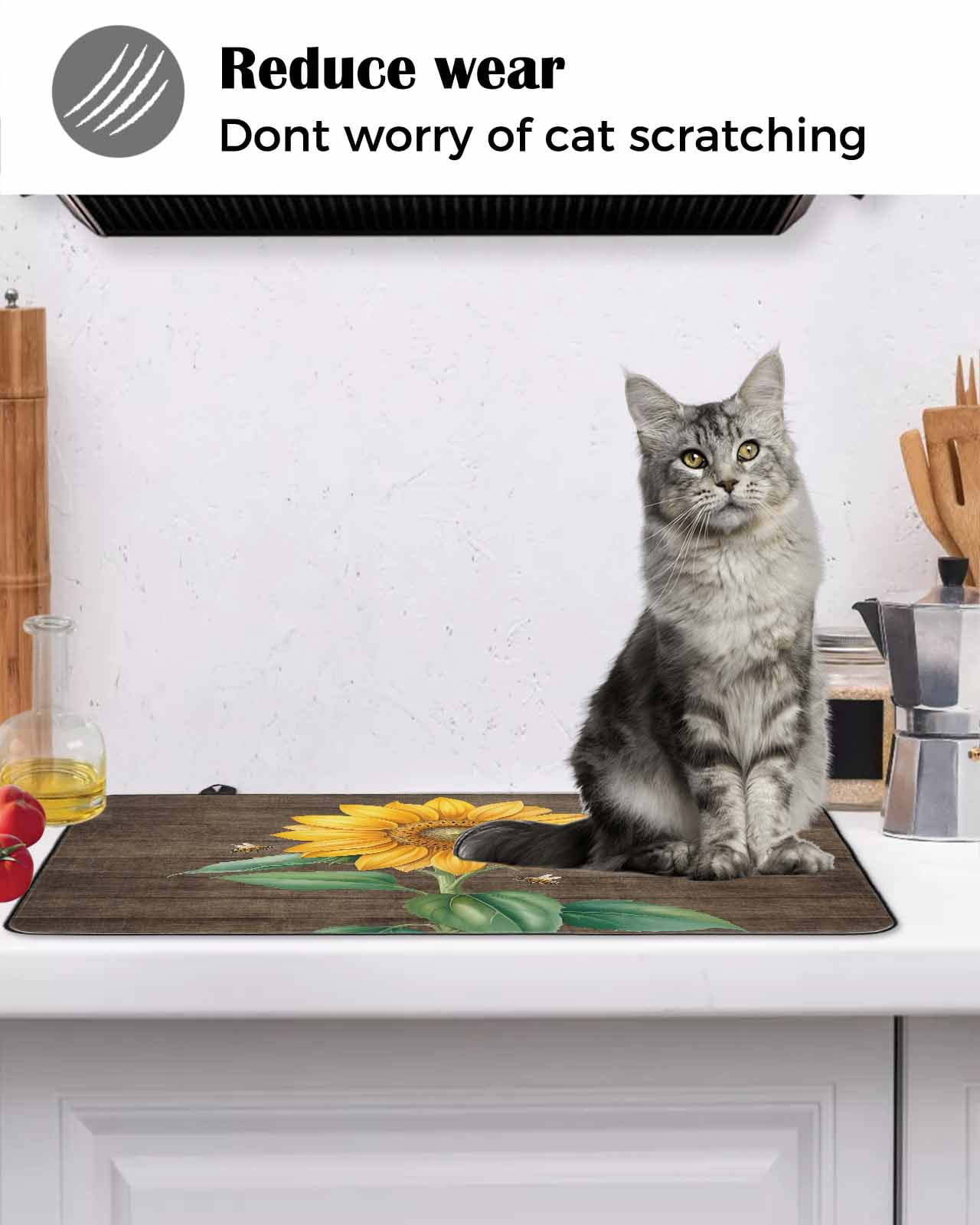Large Induction Cooktop Protector Mat Sunflower Stove Top Covers for Electric Stove, Yellow Flowers Bees Wooden Pastoral Decorative Stove Burner Cover Mats, Glass Top Stove Cover