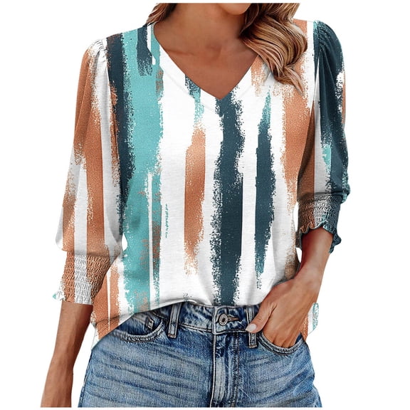 DeHolifer Womens T-Shirts 3/4 Sleeve V-Neck Strip Printed Smocked Cuffs Summer Trendy Lightweight Casual T-Shirts Blue L
