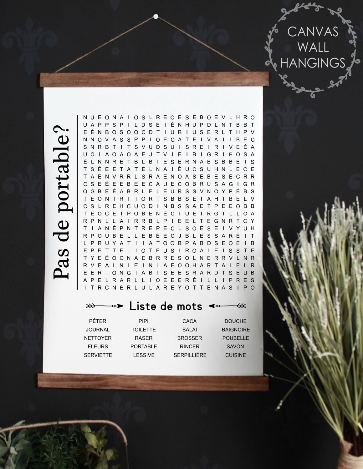 Wood, Canvas Sign, French Words Bathroom Décor Word Search Puzzle Print