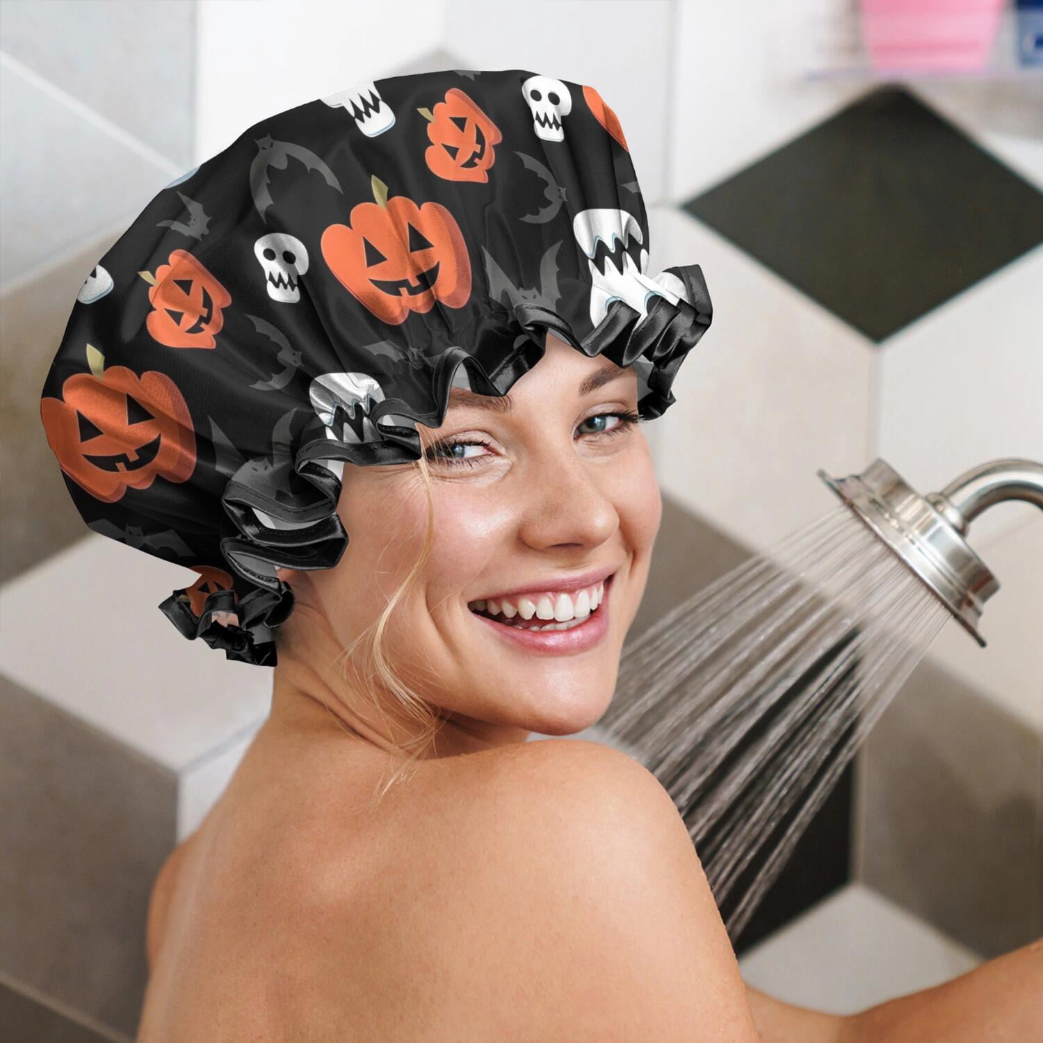 Shower Caps,Black Halloween Pumpkin Faces Waterproof Shower Cap for Women 4 Pieces,Double Reusable Hair Cover for Shower PEVA Elastic Stretch Hem
