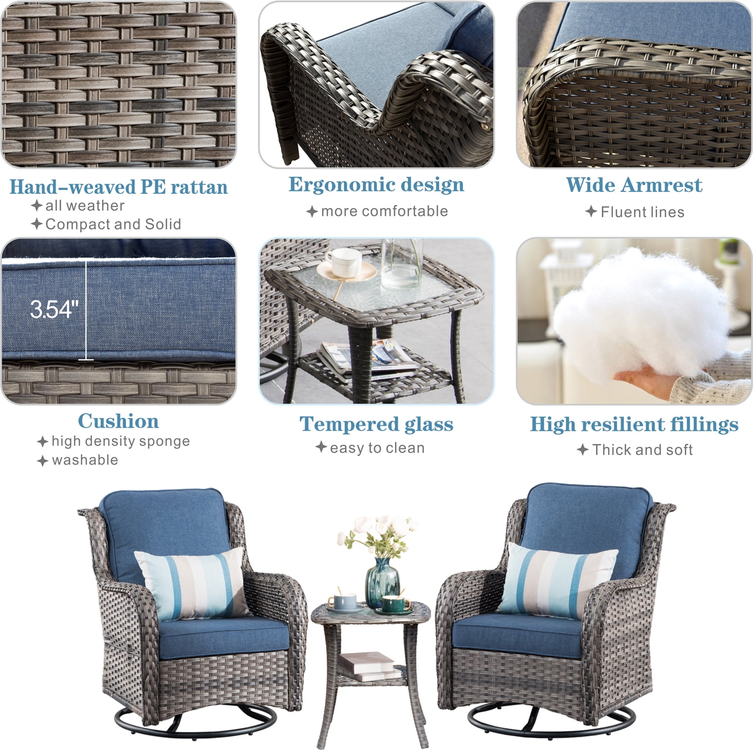 Ovios 3 Pieces Outdoor Furniture Wicker Patio Bistro set with 360 Degree Swivel Chairs and Soft Cushions for Garden Backyard, Denim Blue